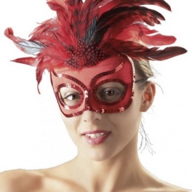 Accessori : Maschera  rossa con piume e pailettes